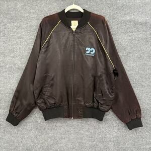 Vintage 80s Satin Bomber Jacket Adult XL Black Northrup 50 Years Embroidered